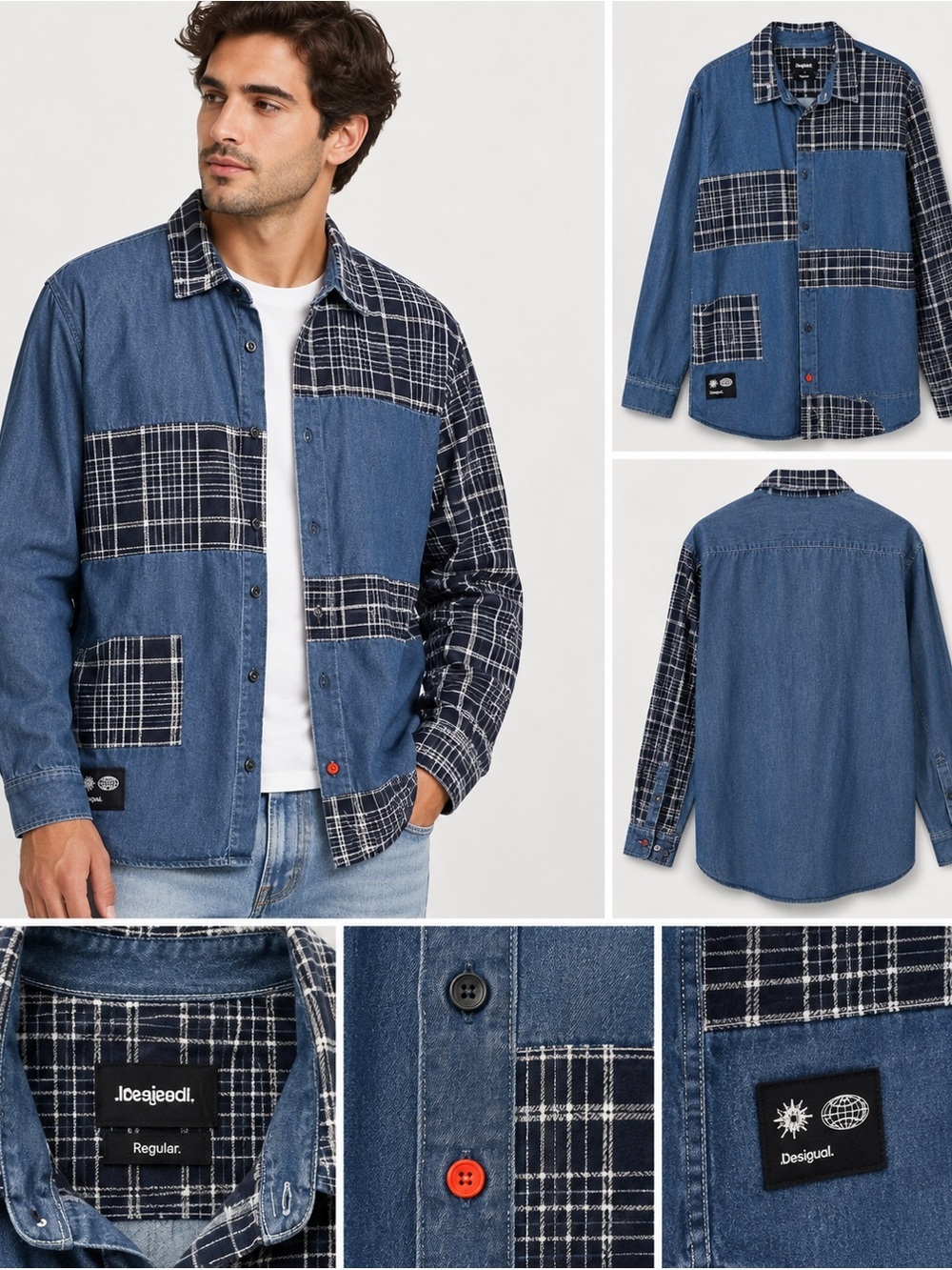 Desigual blue patchwork plaid button up shirt